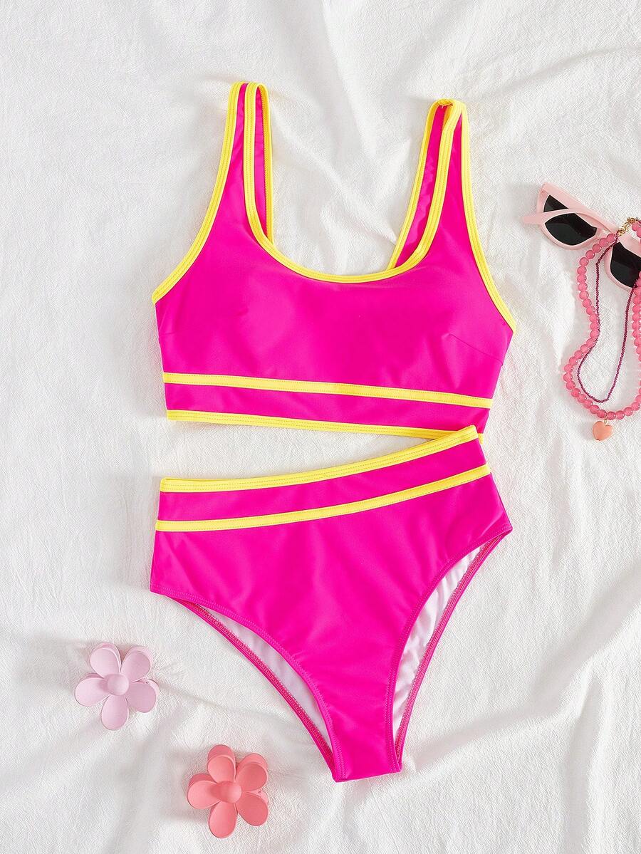 Nowy 2025 damski strój kąpielowy na plażę, modny kontrastowy kolor, dwuczęściowy zestaw, wygodna tkanina, stylowy strój plażowy