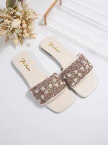 Plus Size Women's Slip-On Rhinestone Decor Sandals, Casual Versatile Outdoor Plastic Flat Slides