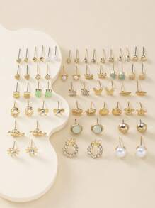 30pcs/Set Fashion Metal Butterfly, Letter, Heart, Flower, Bow, Rhinestone & Faux Pearl Earrings Jewelry For Women, Daily Use Multi-Piece Gift Set