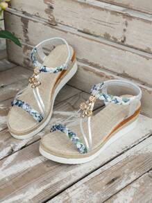 WRCVS Beige Women Sandals With Woven Straps, Platform Wedge Heel, Handmade Beaded Woven Sole, Lightweight Bohemian Style Casual Summer Outdoor Sandals - Silver - View 8