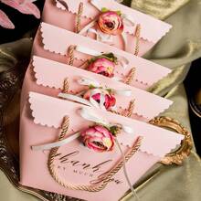 Set Of 5–Pink Wedding Gift Bags(Includes: Ribbon/Flower + Hand Strap + Gift Bag Box), 6.69*3.35*8.07in – Elegant Handbag For Bridal Shower, Party Favors, & Wedding Guest Gifts – Premium Quality, Reusable, Perfect For Bridesmaids & Guests, For Mother's Day, Bridesmaid Gifts, Graduation Gifts, Birthday Gifts, Wedding Gifts