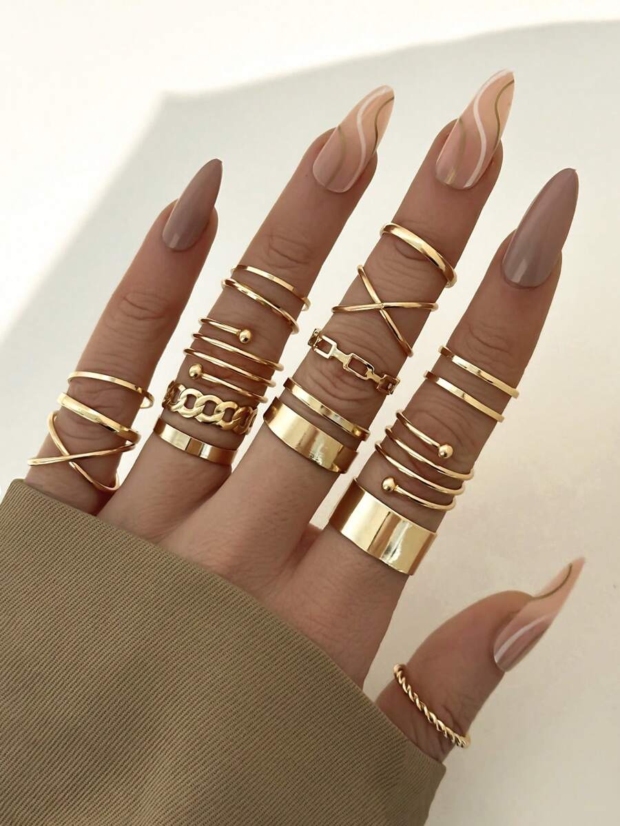 16pcs Fashionable Street Style Personalized Rings, Minimalist Alloy Finger Rings Set, Retro Simple Chic Style For Women - Gold - View 1