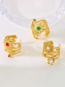 1 pieza Anillo de mujer de acero inoxidable con incrustaciones de strass en color mezclado, de estilo exagerado y con diseño de goteo. Se puede ajustar. Adecuado para uso diario y casual, así como para fiestas y regalos.