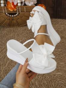 Women's Thick Sole Slip-On Sandals With Bow Decor, Casual Beach Outdoor Wear Slippers
