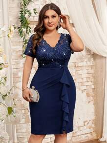 Plus V-Neck Sequin Lace Bodice Ruffle Hem Evening Party Bodycon Dress, Elegant Semi Formal Wedding Guest Dress, For Birthday, Graduation, Dinner Date - Navy Blue - View 4