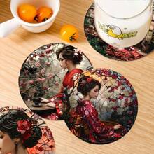 6 Pieces Set, Japanese-Style Kimono Ladies Art Wooden Coasters, Heat-Resistant, Suitable For Drinks And Coffee, Very Suitable For Office, Kitchen, Table Decoration, Unique Art Desktop Protector, Perfect Birthday And Christmas Gifts