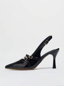Women's Pointed Toe Multi-Strap Buckle Back Strap High Heel Pumps, Elegant - Black - View 7