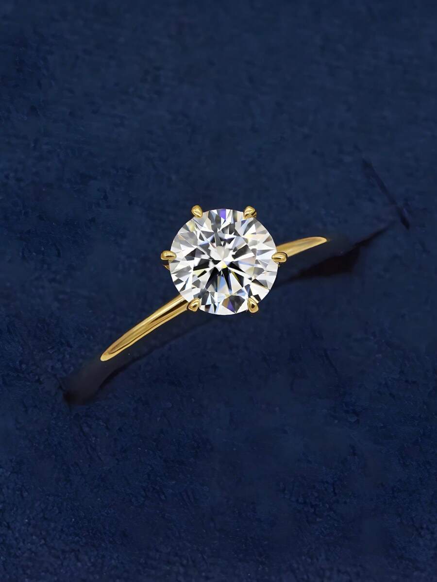 1pc Luxury Classic 1 Carat Diamond Ring, D Color VVS1, Moissanite 925 Sterling Silver, 18K Gold Plating, Women Wedding Engagement Ring With Gift Box - 1 Carat - View 1