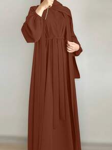 2pcs Women Solid Color Comfortable Casual Loose Cardigan + Sleeveless Robe Set, Arabic Abaya Robe With Belt - No Headscarf, Quick Ship - Coffee Brown - View 5