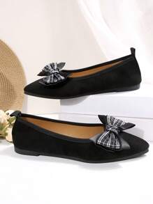 Mother's Day Beautiful Bow Gift, Women's Black & White Plaid Bow Decor Flat Slip-On Shoes, Lightweight & Comfortable, Non-Slip, Outdoor Walking Shoes, Casual & Fashionable Ladies Shoes, Black Classic