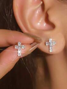 Cross Crystal Earring Stud For Women 1Pair - Silver - View 2