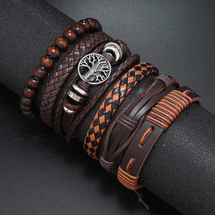 Set de 6 pulseras estilo bohemio en marrón, hechas a mano con cuentas de madera trenzadas y dije del árbol de la vida, joyería ajustable para parejas, hombres y mujeres, regalos apilables de estilo natural para festivales