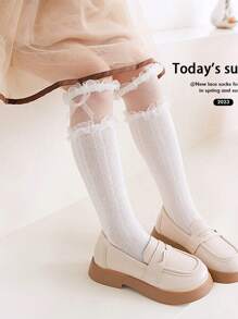 1 双新款日式欧根纱蝴蝶结、心形珠饰、水晶条纹玻璃纤维女童长筒袜 - 白色 - 查看 12