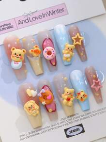 12pcs Bear Nail Art Deco 12 Grid Nail Cartoon Accessories Internet Celebrity Cute Three-Dimensional Stars Butter Bear Resin Nail Accessories For Nail Design Rhinestone Nail Crystal Diamond Nail Jewelry