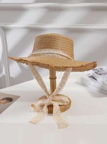 Wide Brim Frayed Woven Straw Hat, Floppy Sun Hat With Tie For Summer Beach Vacation, Stylish