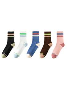 5 Pairs Of Women's Socks Are Suitable For All Seasons Multi-Colored Stripes Simple Fashion Soft Breathable Sweat Absorption Daily Casual Sports Mid-Tube Socks