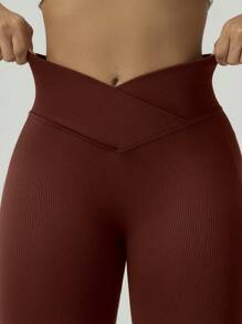 女士时尚交叉腰瑜伽裤蜜桃臀户外徒步运动长裤 - 紫紅色 - 查看 4