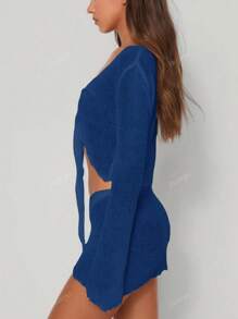 Conjunto de 2 piezas para mujer: Top corto de manga larga con detalle de lazo en el frente y falda mini de talle alto, conjunto de moda de verano sexy