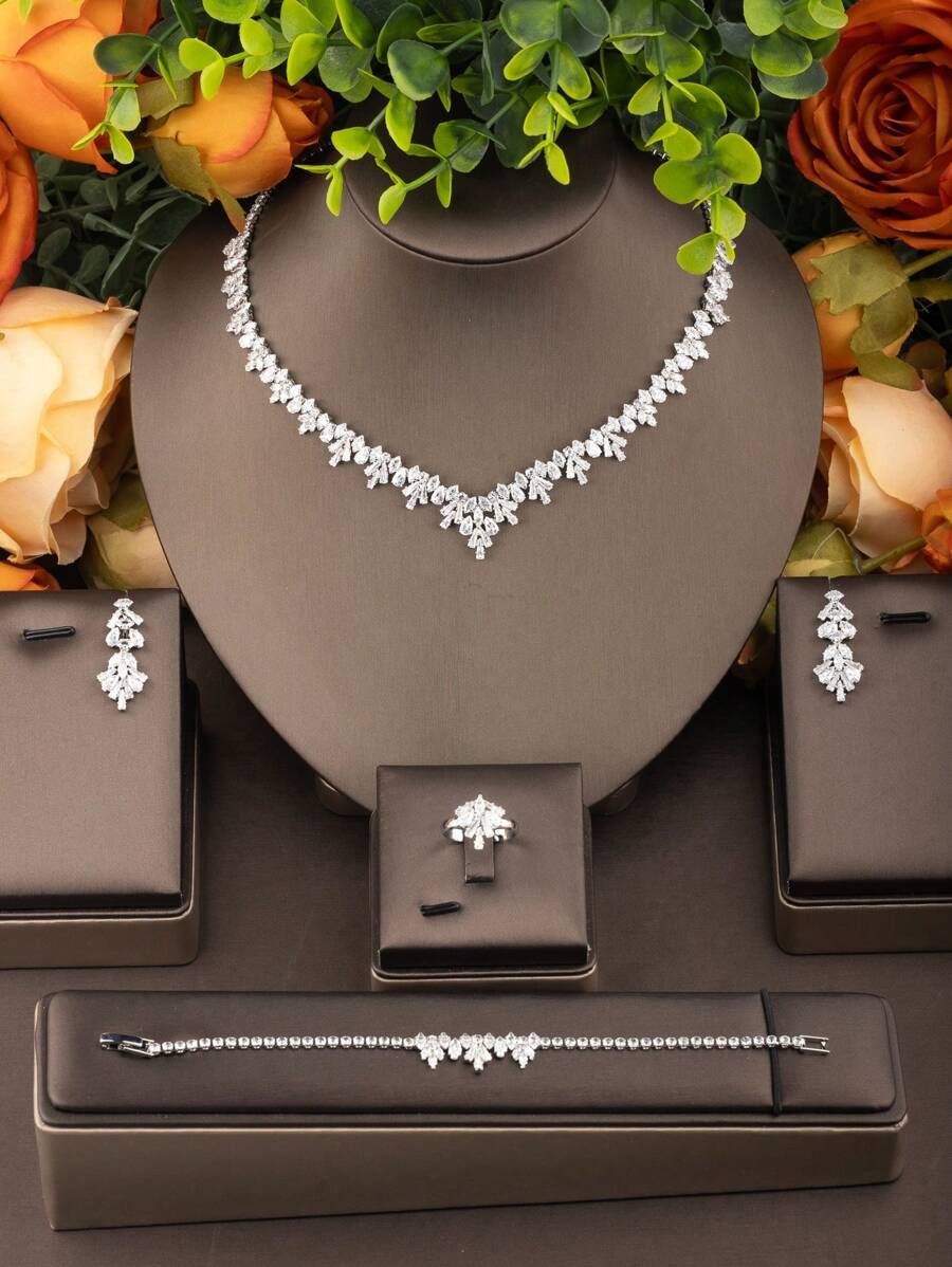 1 Set Elegant CZ Inlaid Jewelry Set For Women, Suitable For Wedding Party, Including 1 Pair Earrings, 1 Necklace, 1 Bracelet, 1 Ring, No Gift Box - Silver 01 - View 1