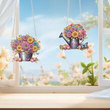2 Pcs DIY 5D Diamond Art Painting Kits Hanging Sign Floral Garden Themed Diamond Art Window Hanging Ornament Kits Window Pendants Home Garden Wall Door Hanging Diamond Art Kits