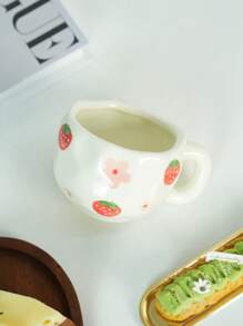1pc Strawberry Pattern Ceramic Coffee Cup, Cute Cartoon Ceramic Mug, Water Cup, Couple Matching Cups, Breakfast Milk Cup, Party Afternoon Tea Cup, Gift, Birthday Present