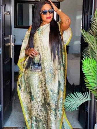 1 set moderiktig tryckt konstsilkesbaddräkt med huvudduk, lämplig för strand, semester, abaya, hijab, blygsam kaftan