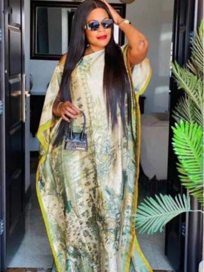 1 Set Fashion Printed Faux Silk Swimsuit Cover Up Dress & Headscarf, Suitable For Beach, Vacation, Abaya, Hijab, Modest Kaftan