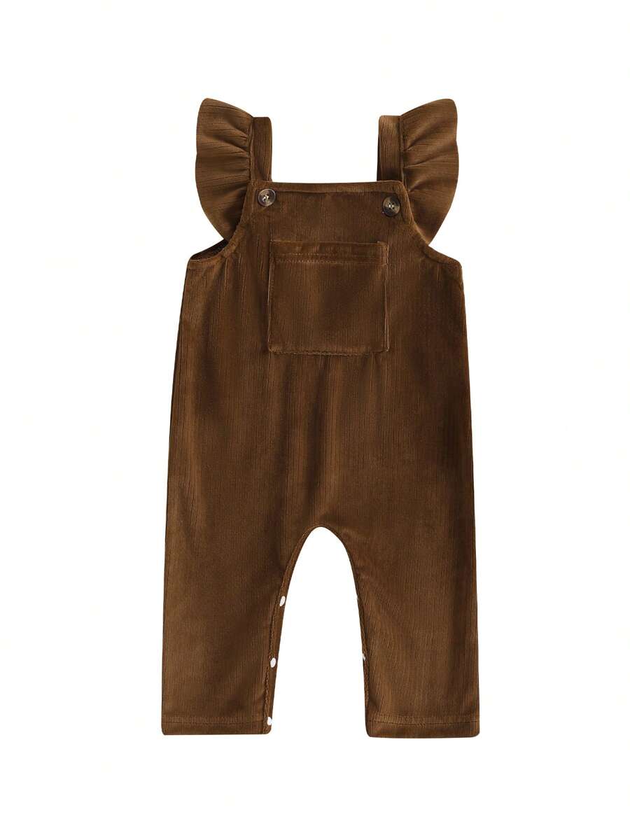Baby Girl Corduroy Overalls Ruffle Trim Square Neck Full Length Jumpsuit With Front Pocket For Fall