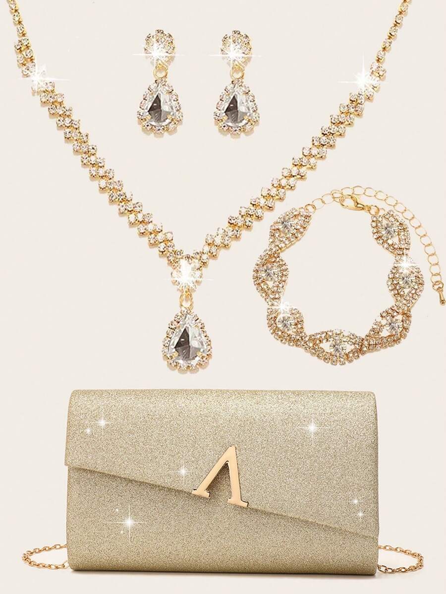 Conjunto de joyas de mujer con rhinestones: Collar, pendientes, pulsera brillantes. Juego de bolsos y carteras elegantes: Cartera con clip metálico, sobre elegante, bolso de banquete, bolso bola, bolso cadena metálica, bolso de fiesta de boda. Vestidos de novia y de fiesta para mujer.