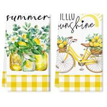 2pcs Buffalo Plaid Lemon Pattern Kitchen Towels, 16x24 Inch Polyester Decorative Hand Towels, Seasonal Home Decor For Spring & Summer, Absorbent Fingertip Towels For Bathroom And Kitchen
