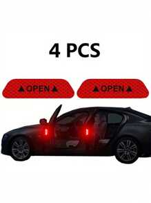 4pcs Reflective Car Door Warning Stickers, Anti-Collision Decals With Open Sign, Night Reflective High Temperature Decorative Stickers