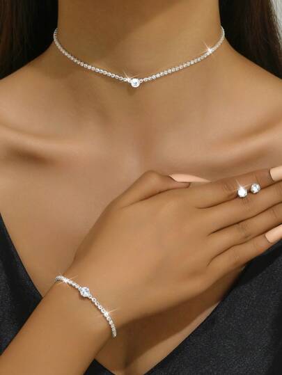 4pcs Set Bridal Jewelry Necklace Earrings Bracelet Ear Studs, Geometric Pattern, Elegant Design For Wedding Ceremonies