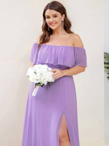 EVERPRETTY Plus Size Women's Solid Color Ruffle Off Shoulder Elegant Bridesmaid Dress - Mauve Purple - View 5