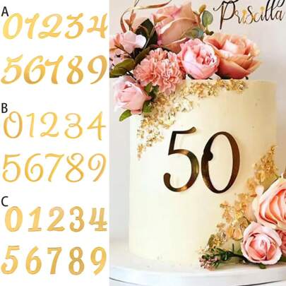 1 套/2 套金色亚克力 0-9 数字蛋糕装饰适用于生日婚礼周年纪念派对 DIY 蛋糕侧面装饰数字