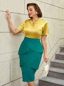 AOMEI Vintage Two Pieces Set Gold Shiny Short Sleeves Tops High Waist Pencil Skirt Party Fashion - Gold - View 4