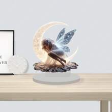 1 Piece, Dreamy Fairy Crescent Shaped Acrylic Desktop Decoration, 2D Classic Fantasy Collectible Statue With Base, Perfect For Home, Office And Bookshelf Decoration, Perfect Holiday Gift