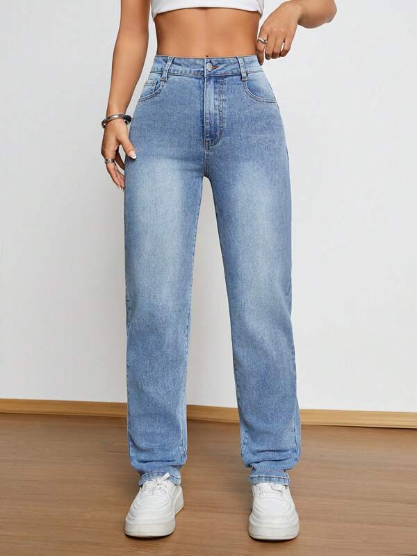 Solid Color Pocket Zipper Stylish Jeans, Suitable For Everyday Wear