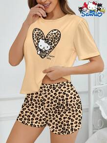 Sanrio 2 pezzi Set da pigiama da donna Hello Kitty Sanrio - Top a maniche corte e pantaloncini a stampa leopardata