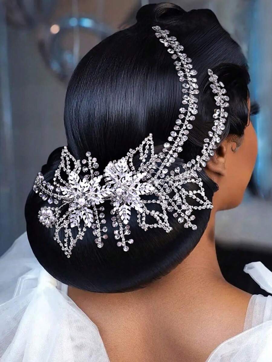 1pc Luxury European-Style Wedding Party Bridal Accessory, Handmade Embellished Crystal & Pearl Decor Headpiece - Silver - View 1