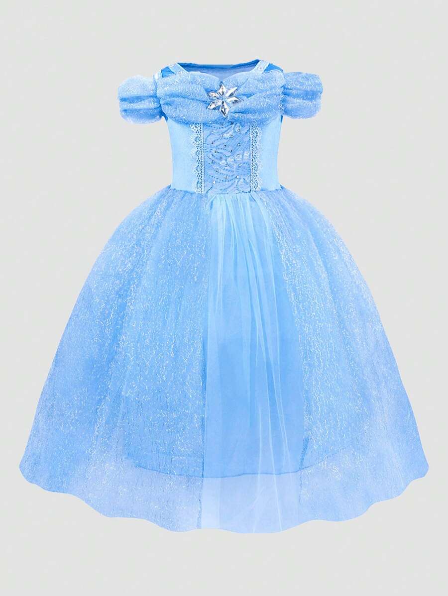 Blue Jewels Lace Trim Tulle Princess Dress For Young Girls - Multicolor - View 1