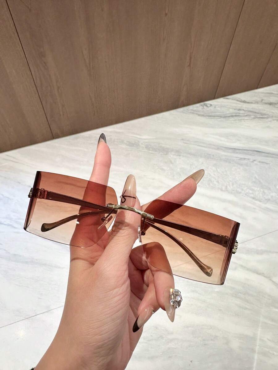 1pc Frameless Edge Curved Metal Frame Leopard Decor Fashion Glasses For Summer Beach Vacation,Outdoor,Travel