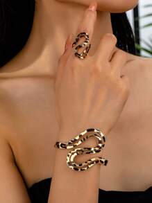 1 Set Animal Leopard Print Cuff Bangle Chunky Ring Bracelet Set For Women - Multicolor - View 2