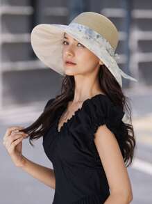 1 件女士帽子，新款春夏水印花花卉拼布蝴蝶结草帽，时尚百搭轻便透气防风遮阳帽，户外旅行度假防晒宽边渔夫帽，适合日常使用