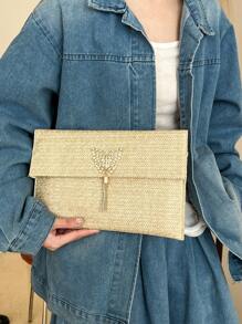 1-Piece Straw Bag With Flap And Bow Decoration Small Bag For Women, Suitable For Daily Shopping And Dating, Fashionable Hand-Held Envelope Bag For Women