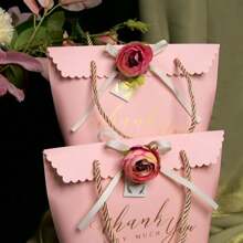 Set Of 5–Pink Wedding Gift Bags(Includes: Ribbon/Flower + Hand Strap + Gift Bag Box), 6.69*3.35*8.07in – Elegant Handbag For Bridal Shower, Party Favors, & Wedding Guest Gifts – Premium Quality, Reusable, Perfect For Bridesmaids & Guests, For Mother's Day, Bridesmaid Gifts, Graduation Gifts, Birthday Gifts, Wedding Gifts