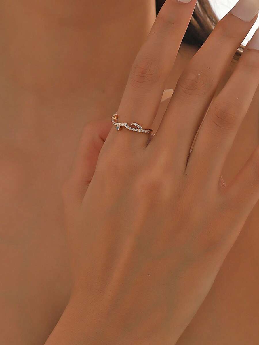 1 件时尚休闲简约奢华微镶嵌锆石 18K 镀金阿拉伯爱情宣言迷人戒指，适合女性作为情人礼物、日常/派对/节日佩戴、精美珠宝生日/节日礼物 - 白鑽 - 查看 1