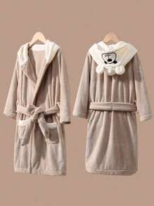 1 Stück Cartoon Bär Farbblock Korallenfleece Kinder Bademantel, weich & bequem, Kinder Bär Winter Nachtwäsche, dicker Kapuzen Lange Robe für Mädchen & Jungen