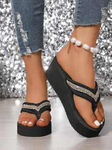 Chinelos plataforma femininos da moda, chinelos de praia antiderrapantes de fundo grosso, sandálias de salto , adequados para atividades ao ar livre, praia, casamento - Preto - Ver 8