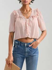 Women Short Sleeve Shirts Lace Ruffles Buttons Blouses Summer Loose Casual Tops - 粉色 - 查看 1