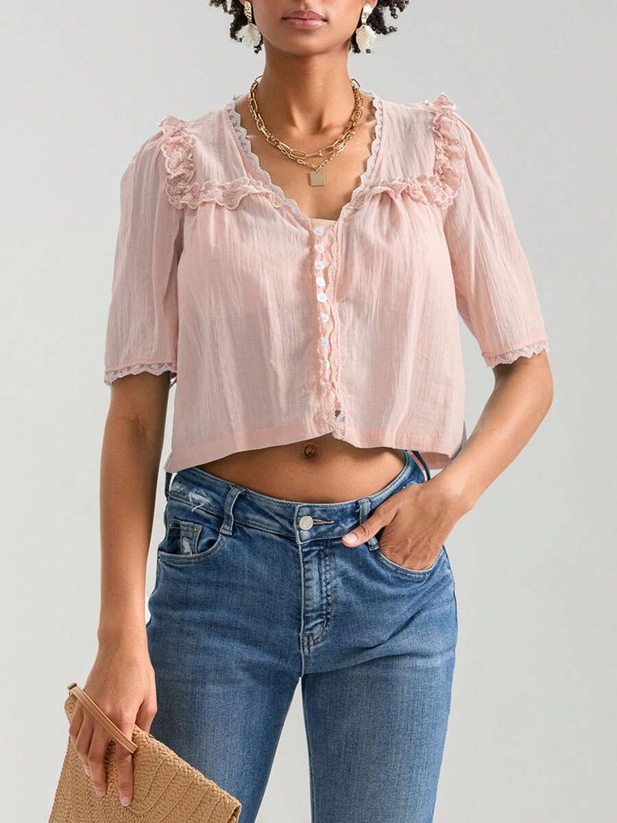 Women Short Sleeve Shirts Lace Ruffles Buttons Blouses Summer Loose Casual Tops - 粉色 - 查看 1
